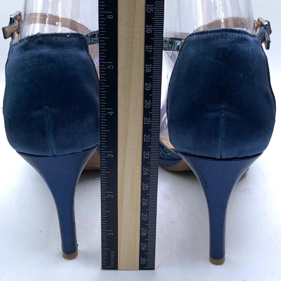 Alex Marie T-Strap Beaded Peep-Toe Dressy Heels Black Tie Fabric 7.5 Navy Blue - Picture 10 of 14